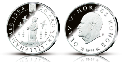 OL-sølvmynt nr. 2 Barn på ski - 50 kroner sølv - utgitt 1991